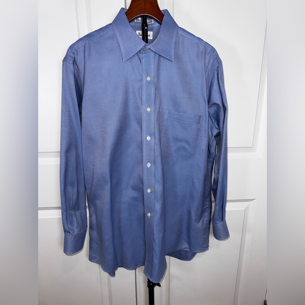 Paul Fredrick Blue Basketweave Cotton Dress Shirt Point Collar Mens 16 33